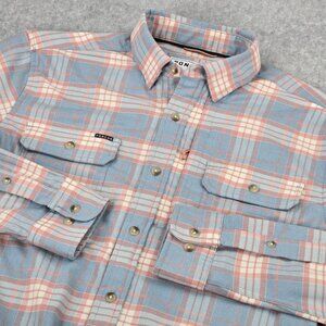 Poncho Flannel Shirt Mens Medium Slim Fit Plaid Blue Pink Magnetic Pockets Fish